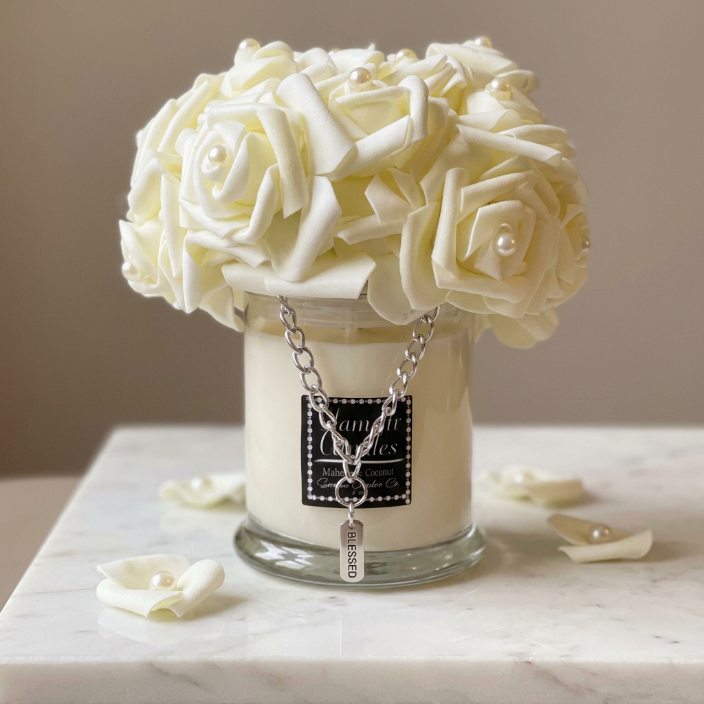 Pearl Glamour Candle detail showing ivory rose petals pearl accents silver chain and Blessed charm