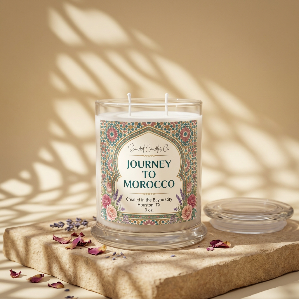 Journey to Morocco candle on a stone studio plinth with soft lattice sunlight