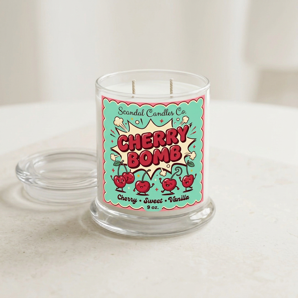 Cherry Bomb candle with retro turquoise and red label on an ivory studio background