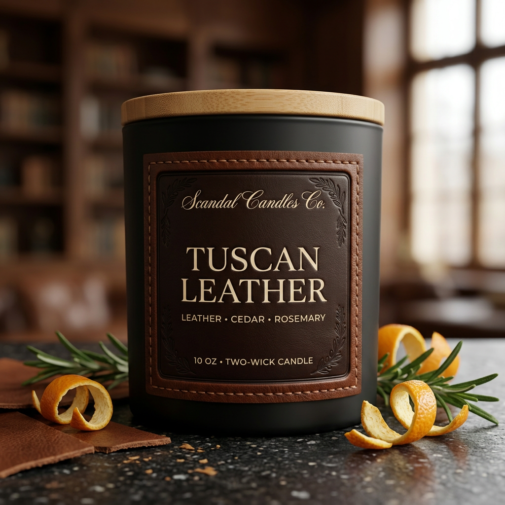Angled view of Tuscan Leather candle with rich leather-textured label and wooden lid beside citrus peel and rosemary.