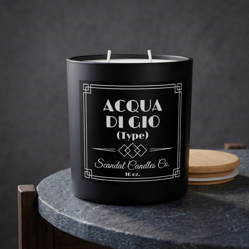 Acqua Di Gio (Type) black two-wick candle with corrected two-line label in a charcoal studio