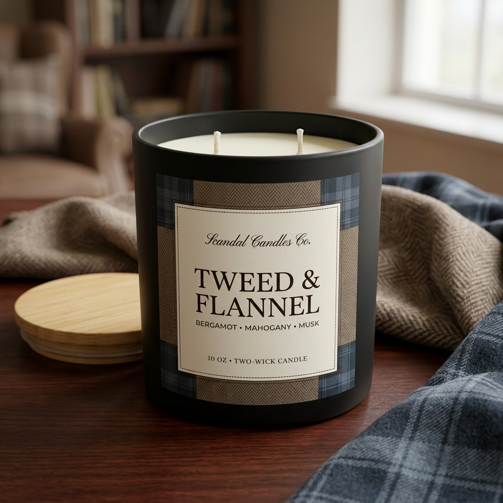 Open Tweed & Flannel candle with two unlit wicks and wooden lid beside the jar, styled with tweed and flannel.