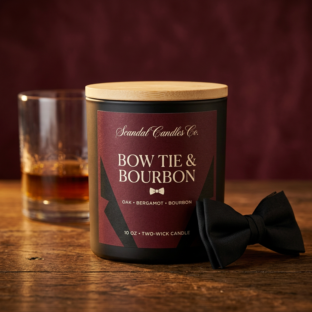 Bow Tie & Bourbon matte black candle with burgundy After Hours label and wooden lid, styled with a bow tie and bourbon glass.