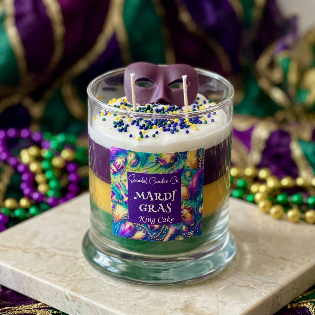 Detail of Mardi Gras King Cake candle with purple mask, colorful sprinkles and layered wax