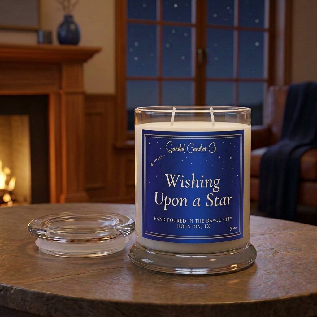 Wishing Upon a Star candle with sapphire celestial label in a fireplace lounge