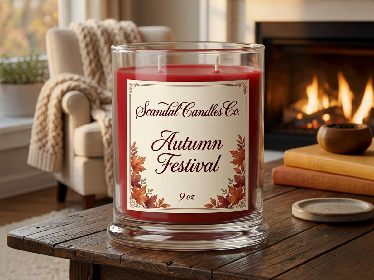 Autumn Festival candle on a wooden table in a cozy living room with a fireplace.