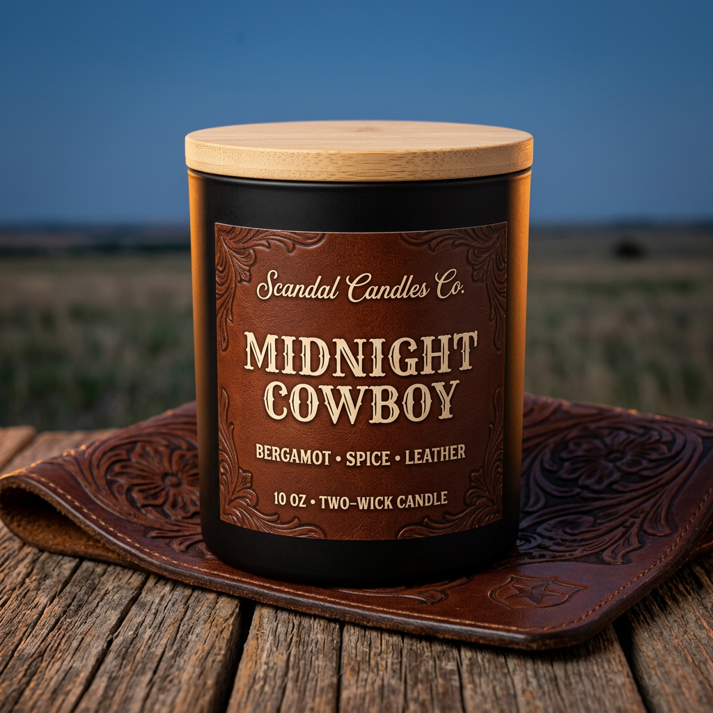 Midnight Cowboy matte black candle with Texas-inspired tooled leather label and wooden lid, styled on ranch wood at dusk.