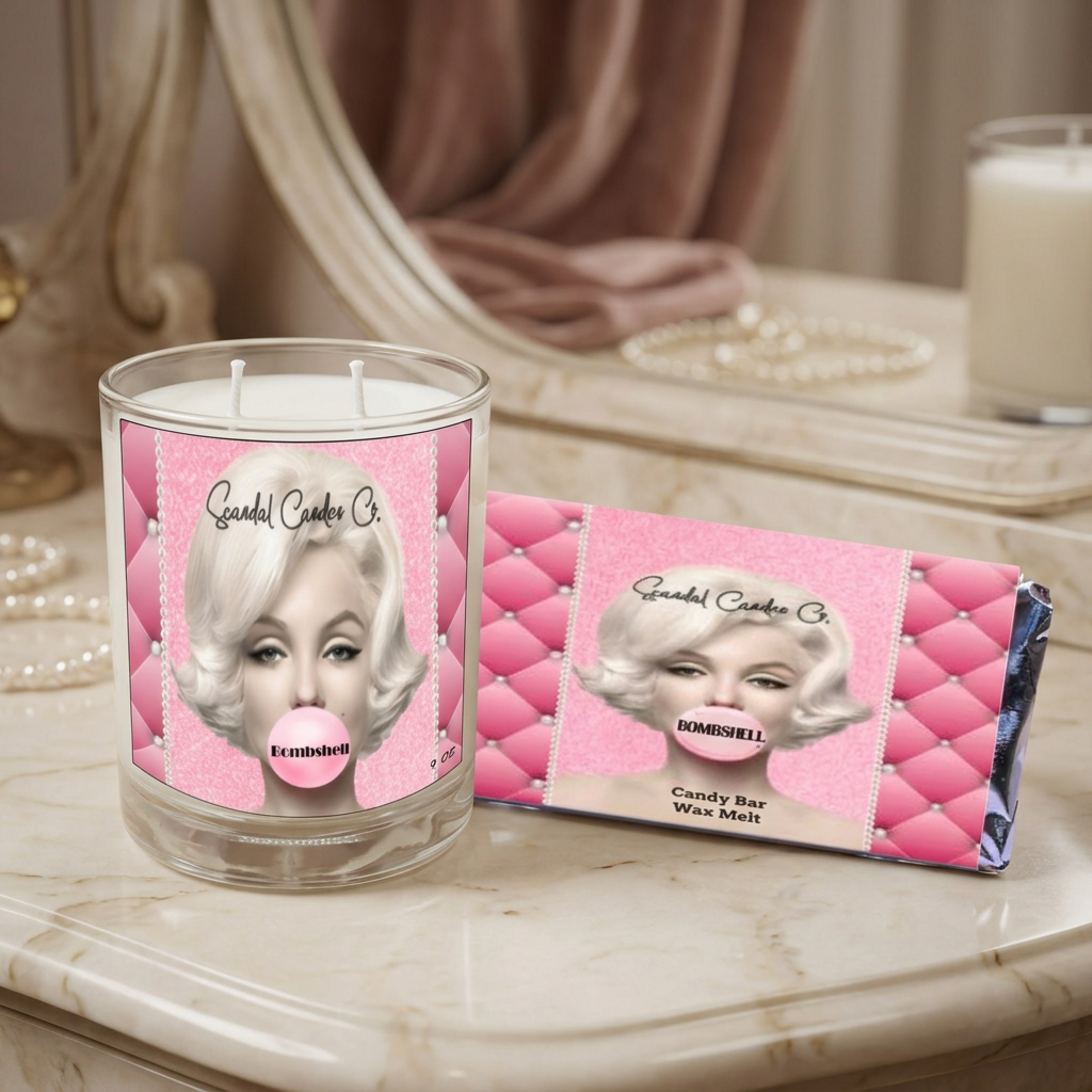 Marilyn Bombshell candle and matching wrapped wax melt bar in an Old Hollywood vanity setting
