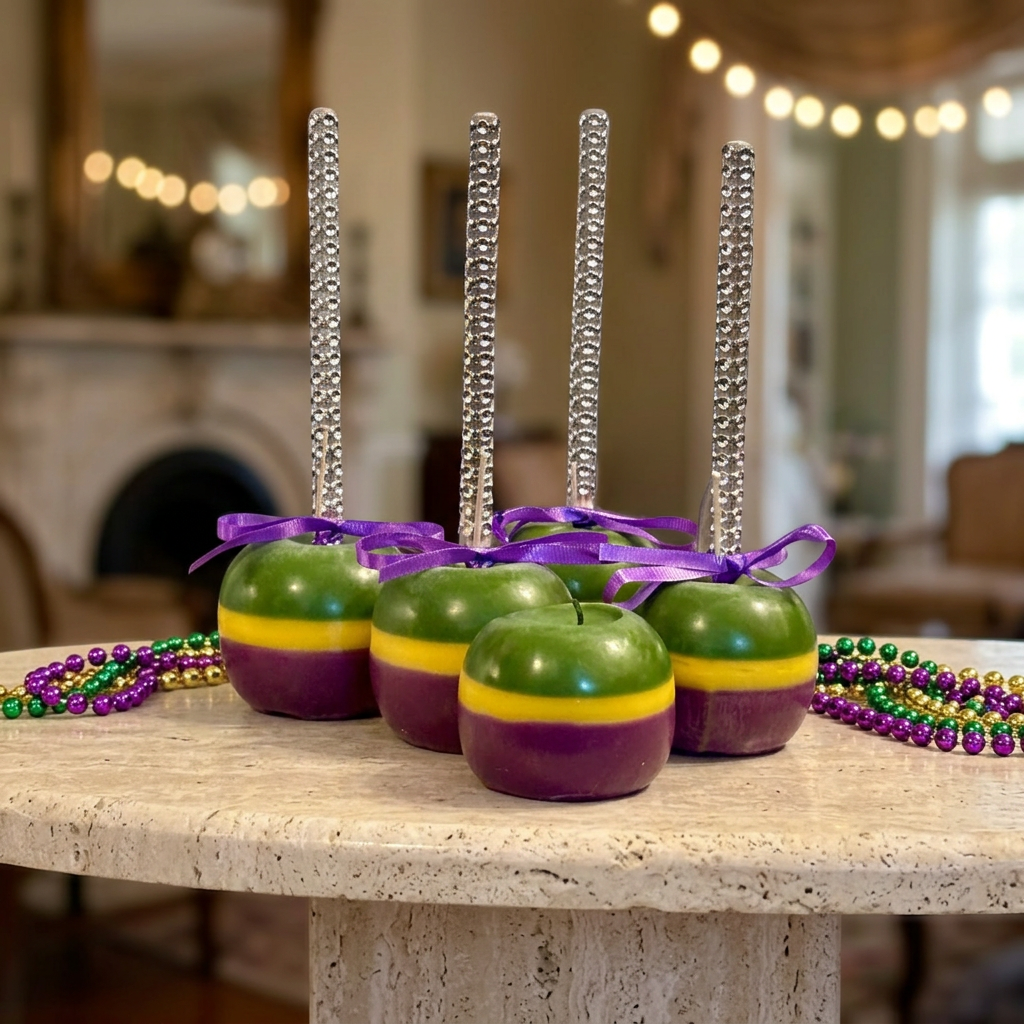 Four unlit Mardi Gras apple-shaped candles in a festive New Orleans-inspired interior