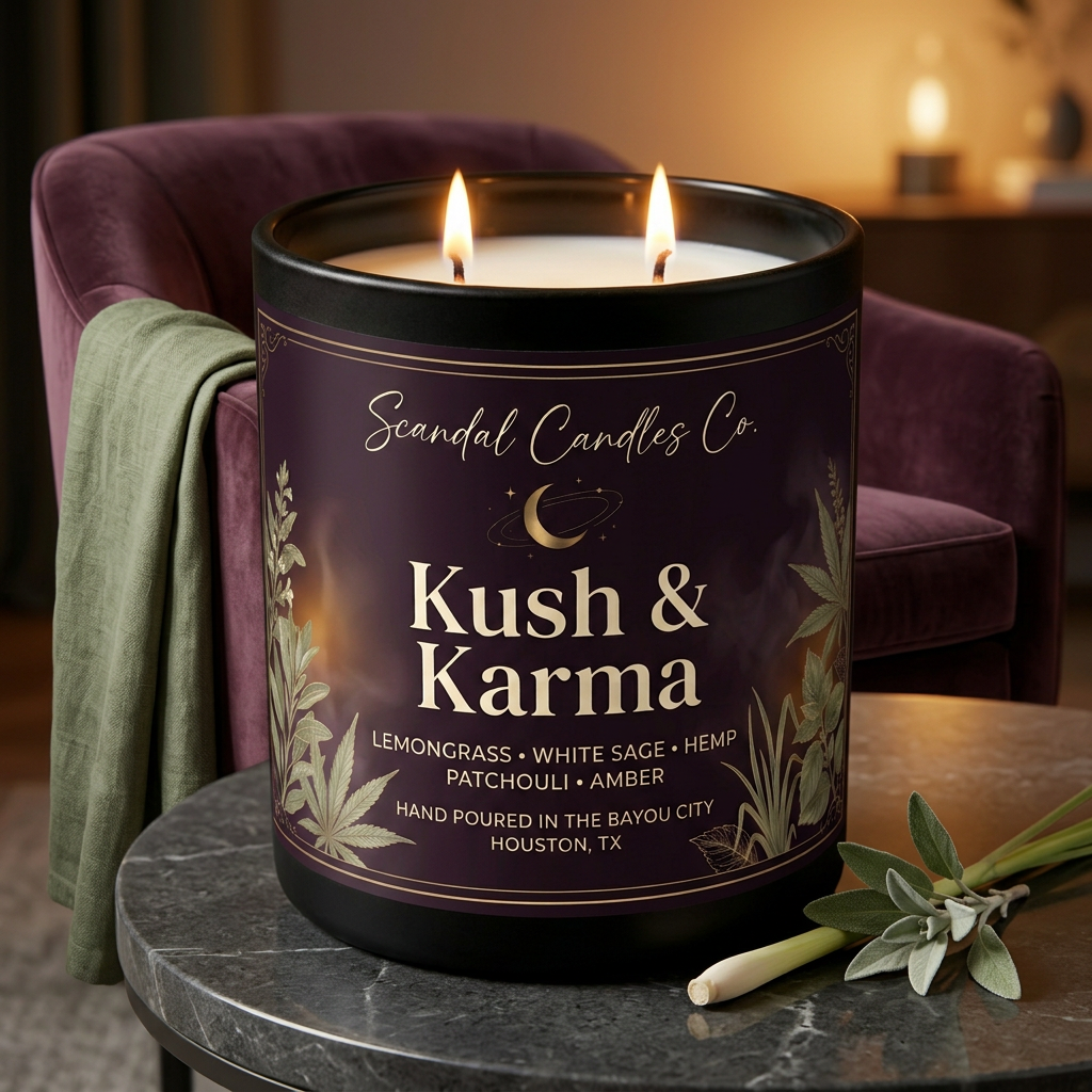 Kush & Karma candle with two lit wicks and white wax in a warm evening living room with plum and sage accents