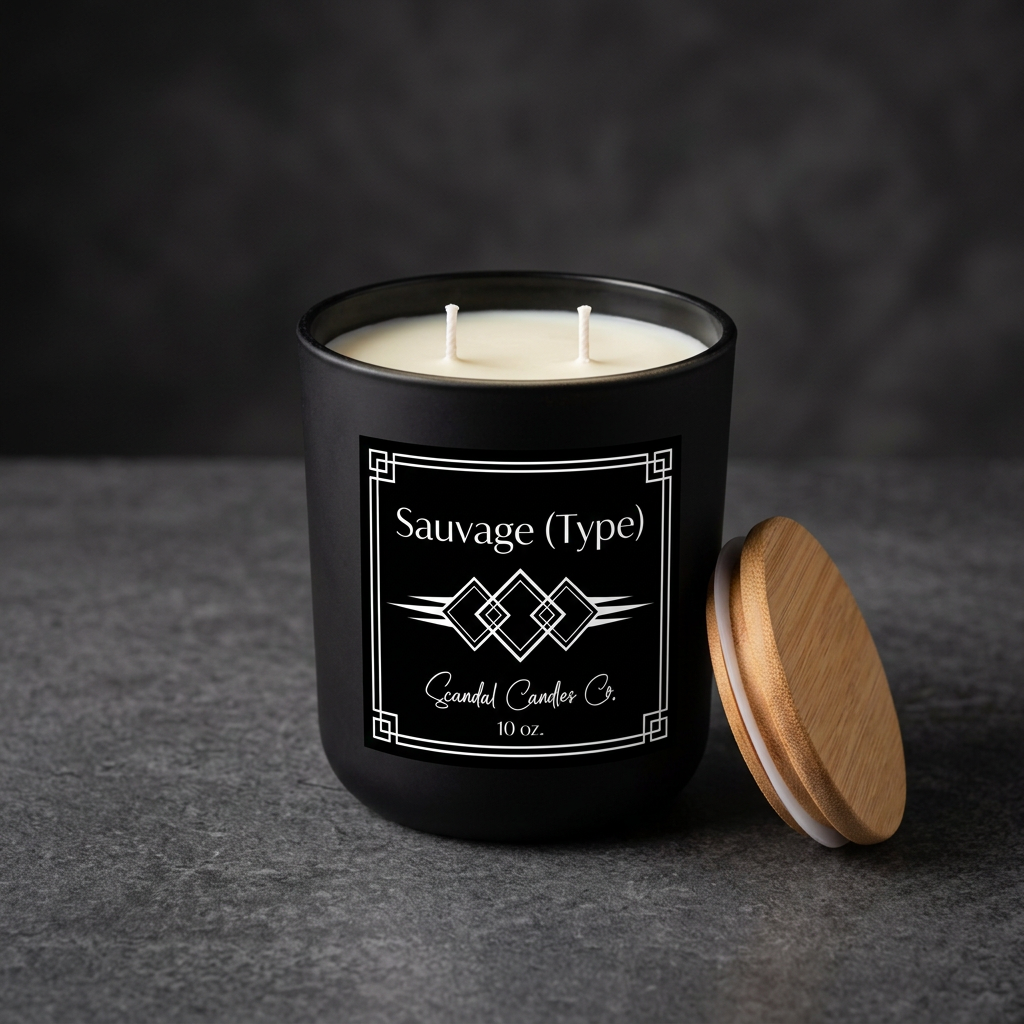 Sauvage candle with Scandal Candles Co. boutique label and white unburned wicks against a charcoal backdrop