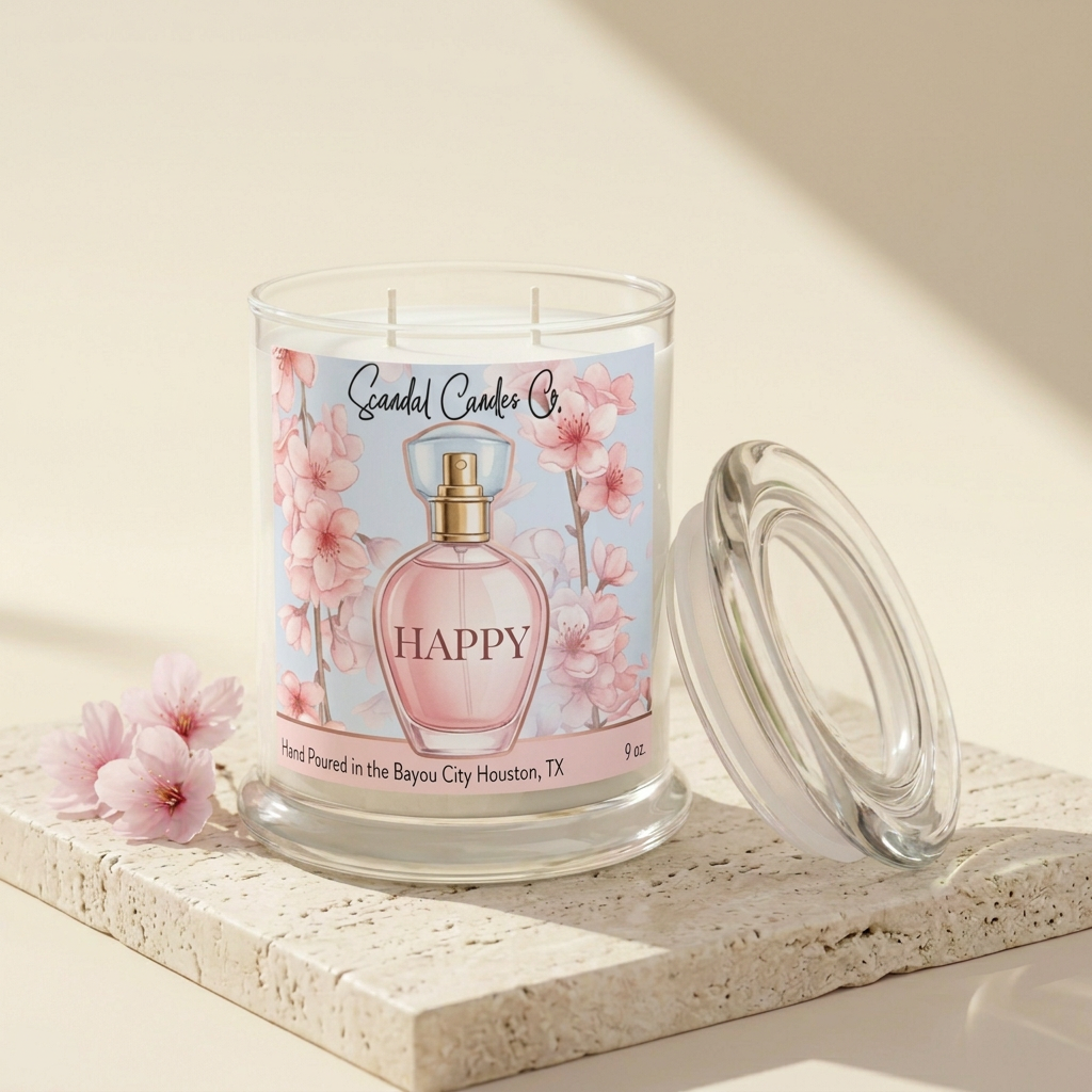 Happy candle with refreshed bottle and blossom label on an ivory studio background