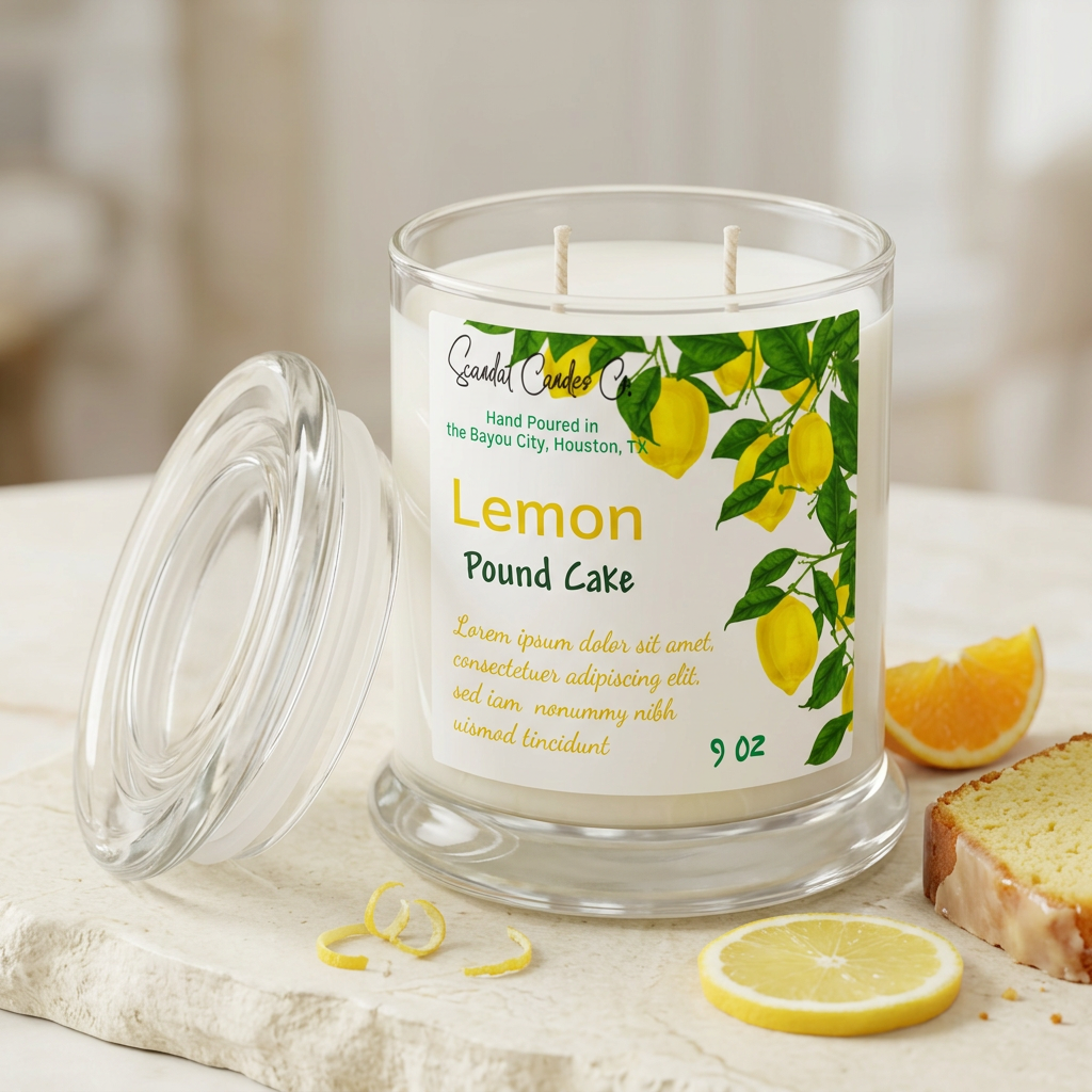 Lemon Pound Cake candle with lemon zest, orange and iced cake styling