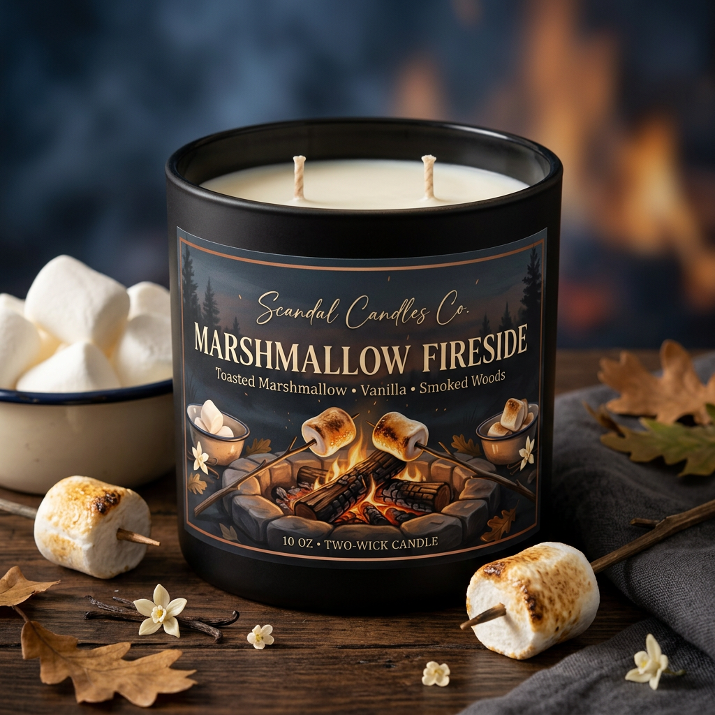 Marshmallow Fireside candle styled with toasted marshmallows and oak accents, no lid