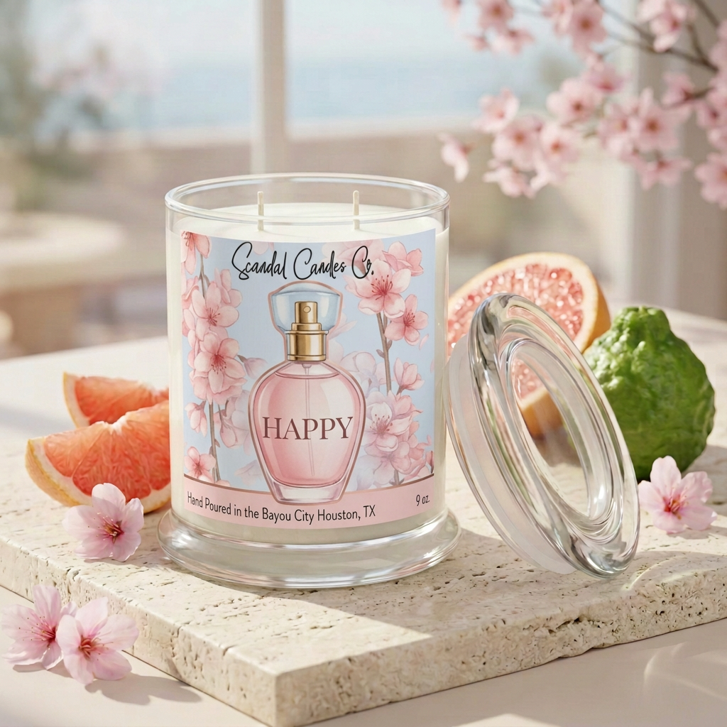 Happy candle with refreshed floral label styled with grapefruit, bergamot and blossoms
