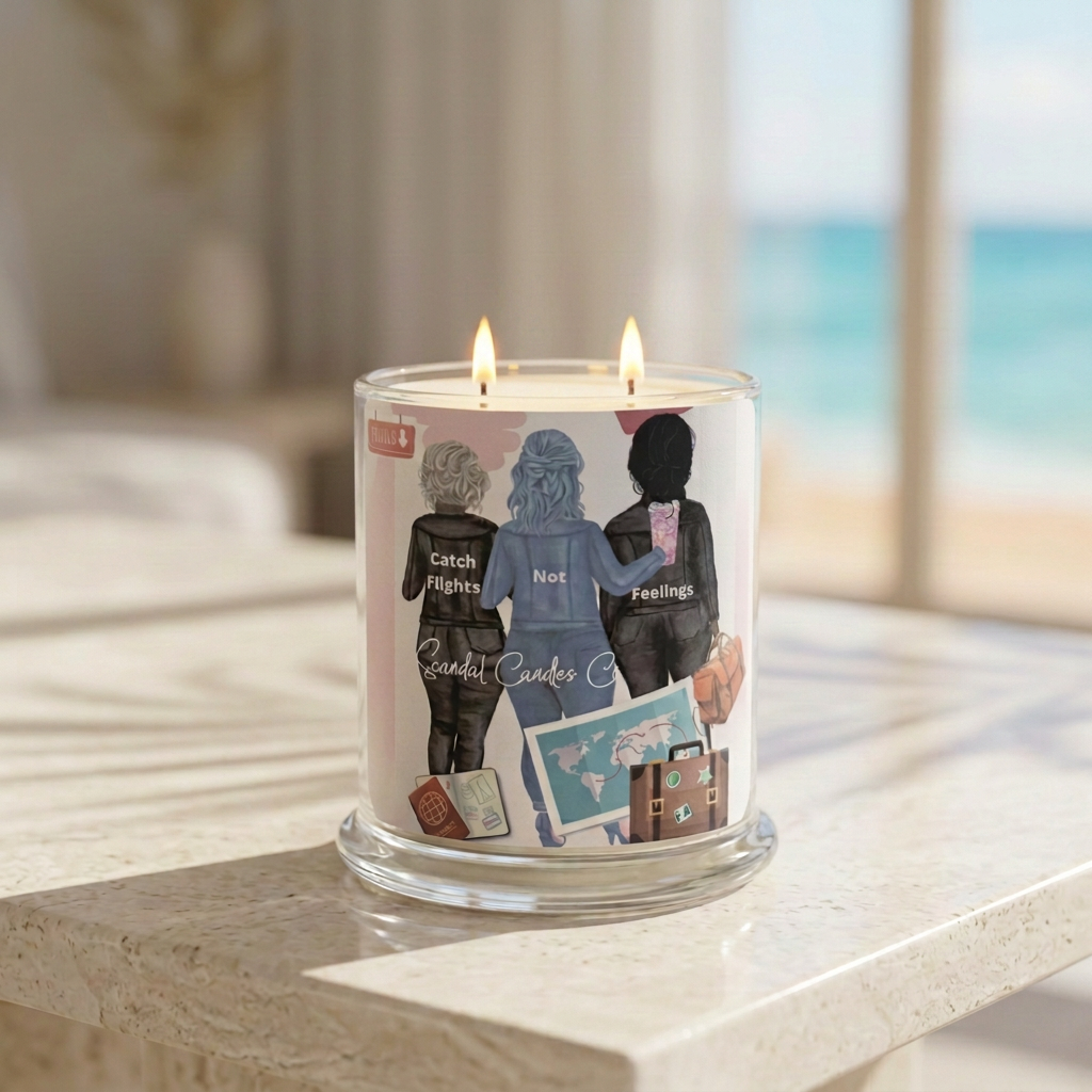 Catch Flights Not Feelings candle with ivory wax and two white unlit wicks in a coastal spa setting