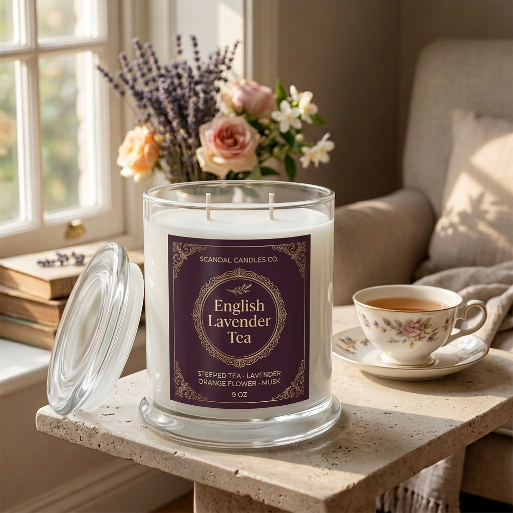 English Lavender Tea 9 oz clear glass candle with ornate plum and gold label