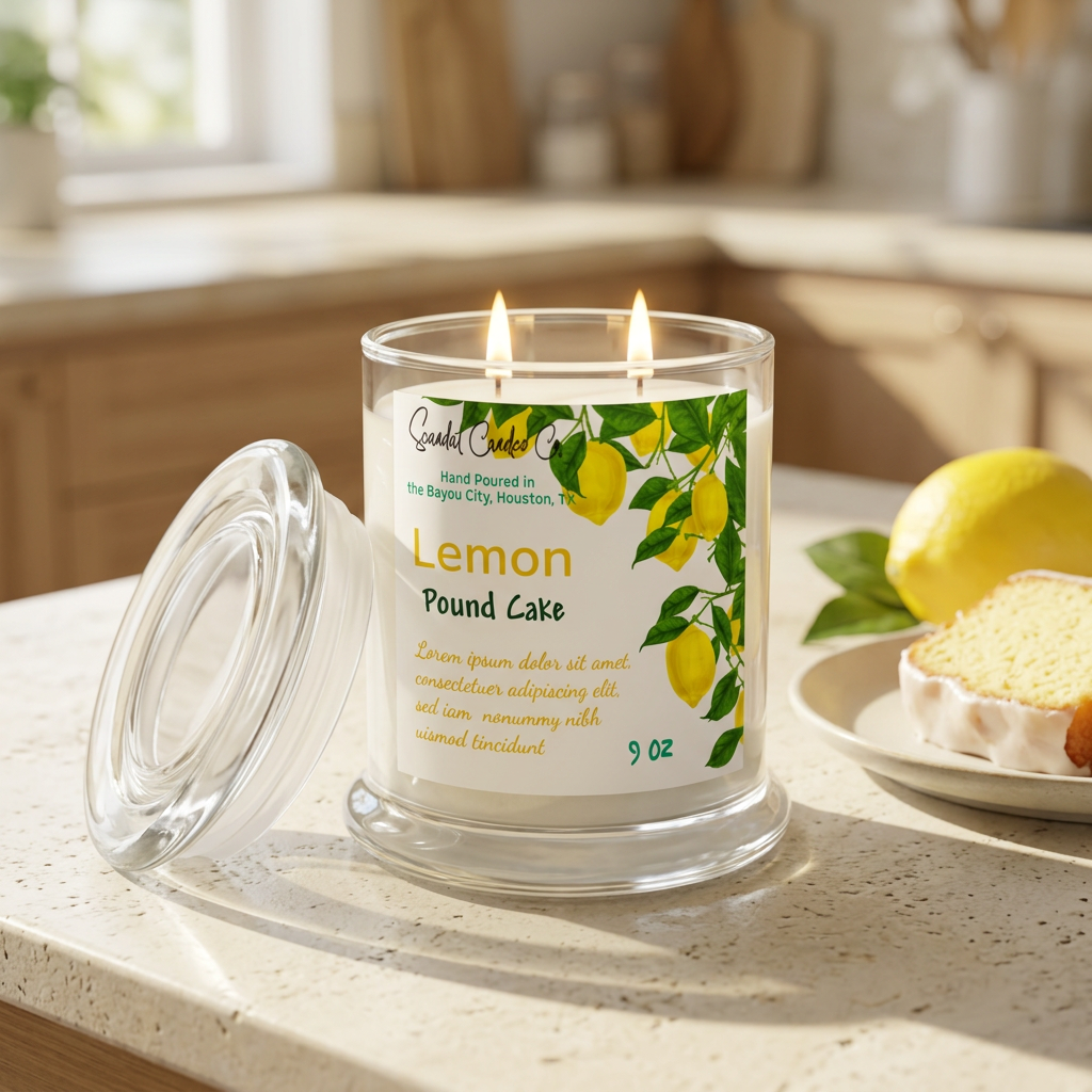 Lemon Pound Cake candle in sunlit kitchen beside iced pound cake