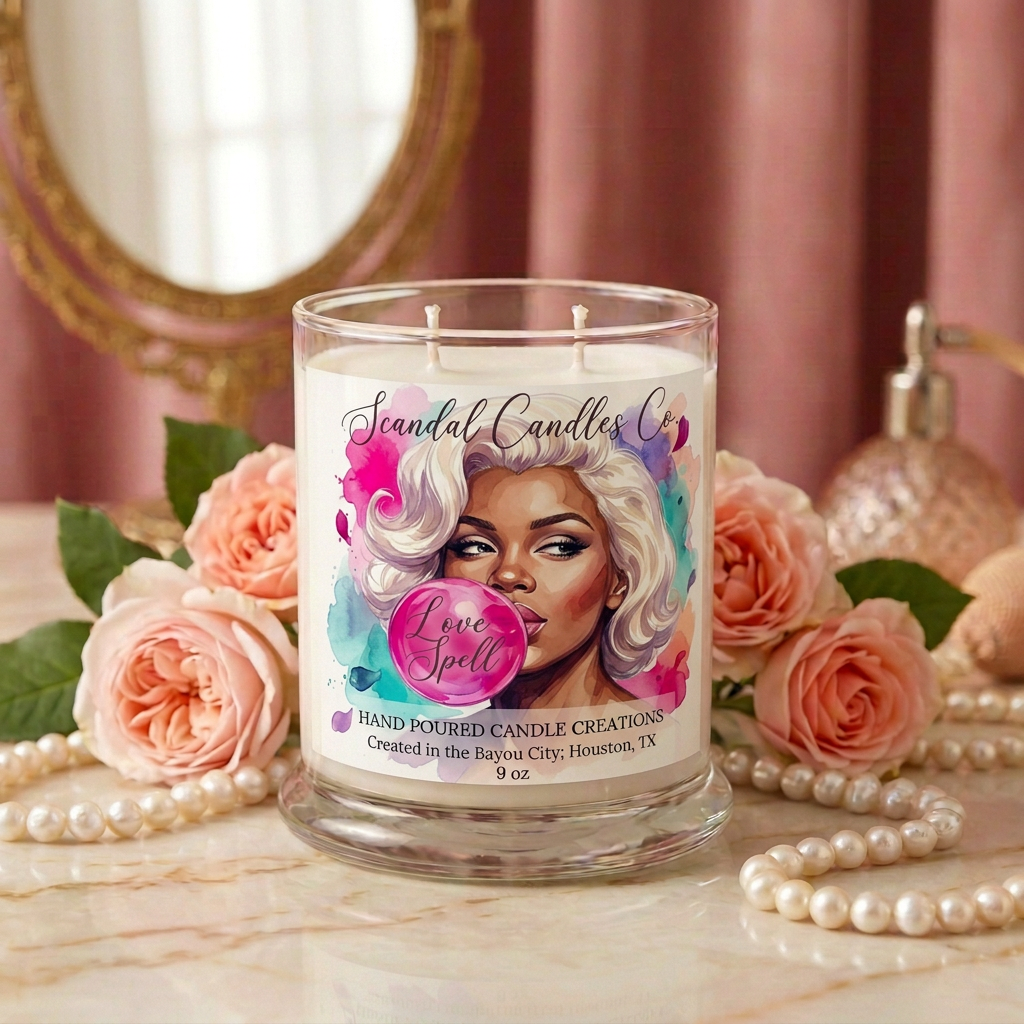 A clear glass jar candle with white wax sits on a marble surface surrounded by pink roses, pearl strands, and a pink curtain background. The label shows a stylized portrait and the brand name Scandal Candles Co.