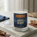 Dirty Denim candle styled with folded denim, cedar wood and leather