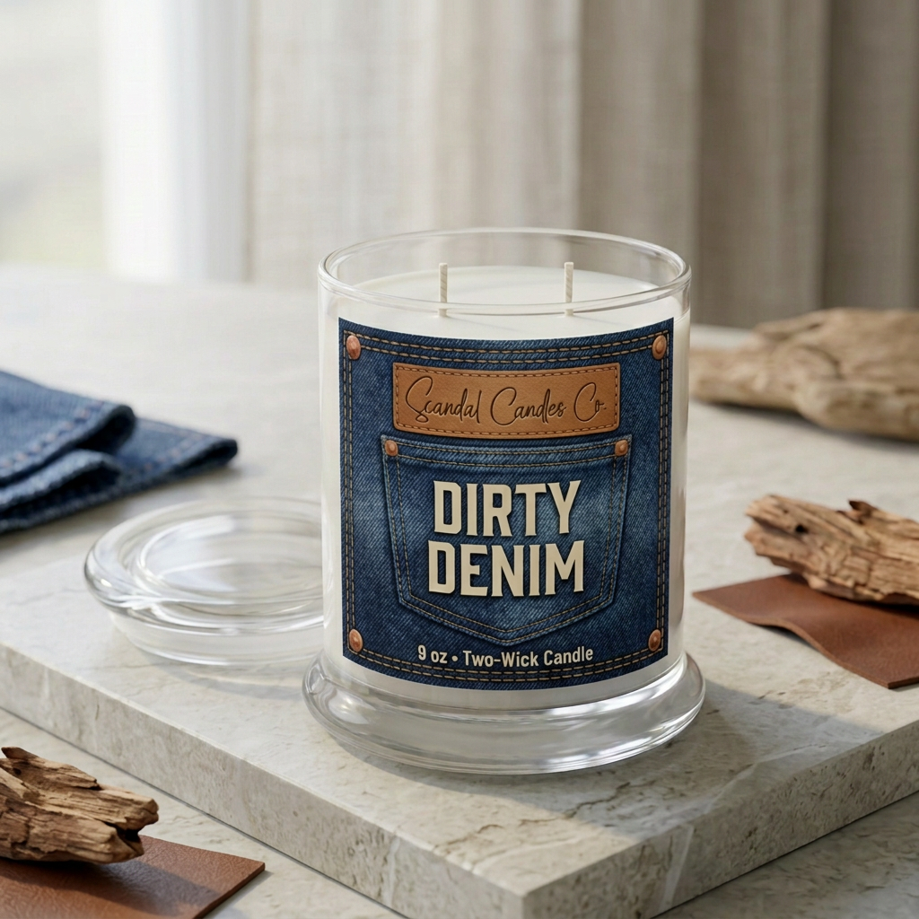 Dirty Denim candle styled with folded denim, cedar wood and leather