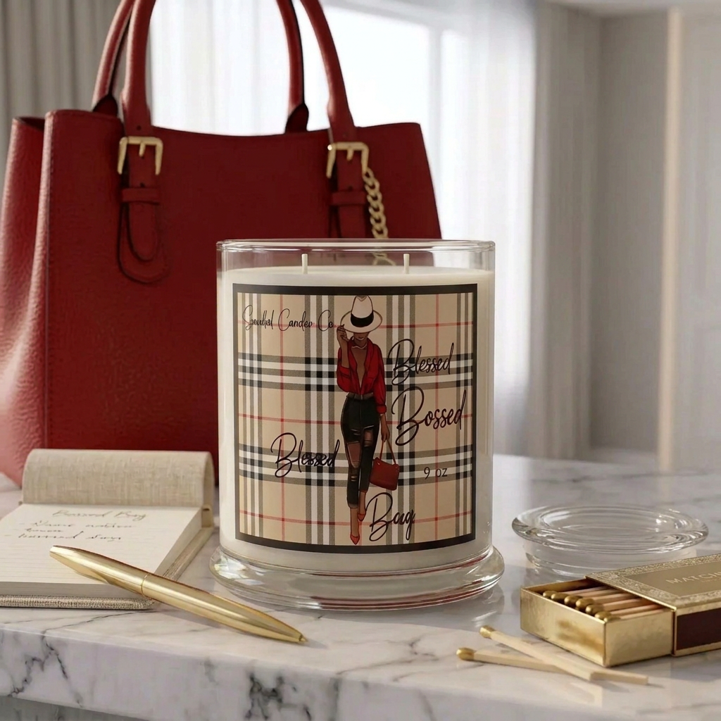 Blessed, Booked & Busy 9 oz candle with beige check-pattern label beside a check-pattern tote bag on a marble counter