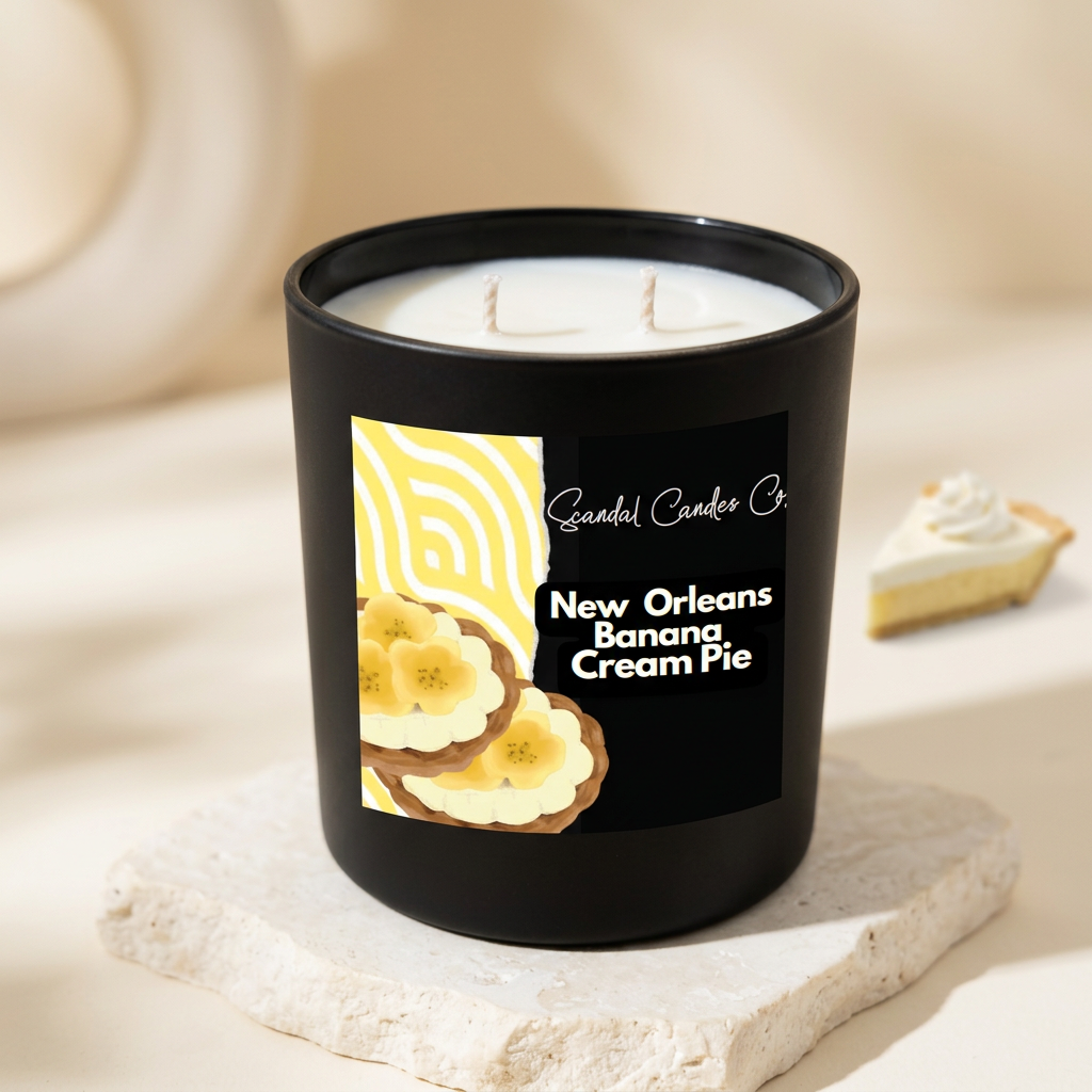 New Orleans Banana Cream Pie candle close-up beside banana pie with whipped cream