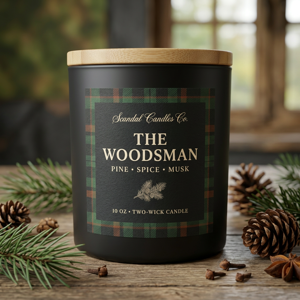 Angled view of The Woodsman candle with plaid label and wooden lid on rustic wood beside pine and spice accents.