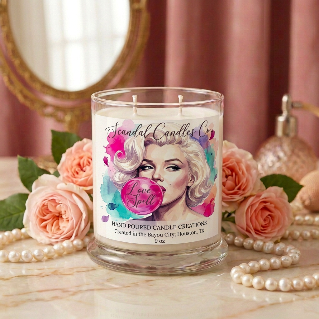 A glass jar candle with white wax sits on a marble surface surrounded by pink roses, pearl strands, and a pink pump bottle. The candle label shows a stylized portrait of Marilyn Monroe with the text 'Scandal Candles Co' and 'Love Spell'.