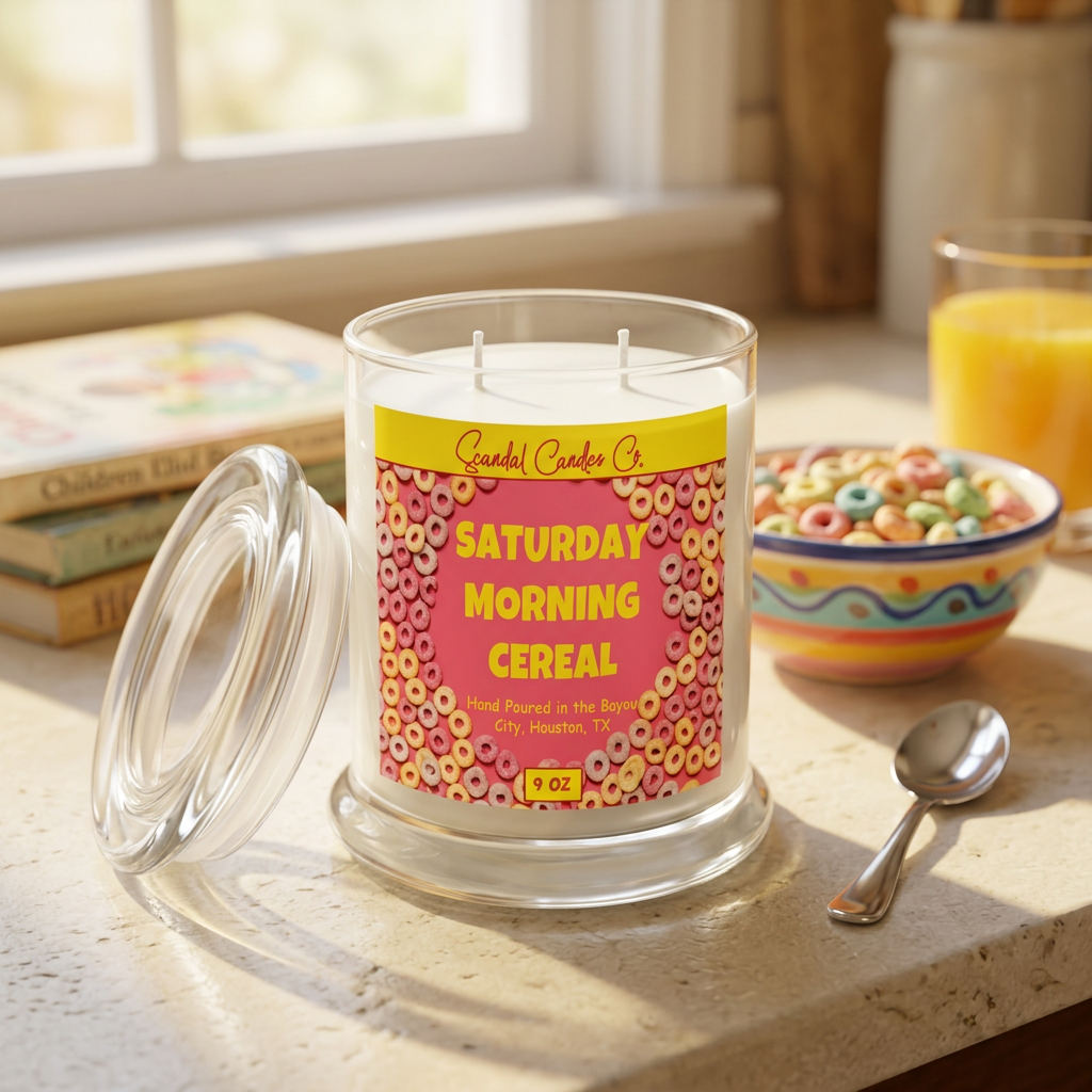 Saturday Morning Cereal candle in a sunny breakfast setting with a bowl of colorful cereal