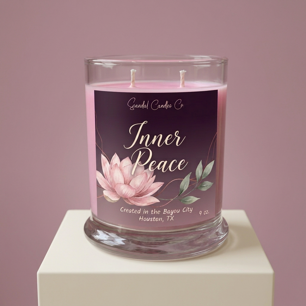 Inner Peace 9 oz pink-wax candle with plum lotus label on an ivory studio pedestal