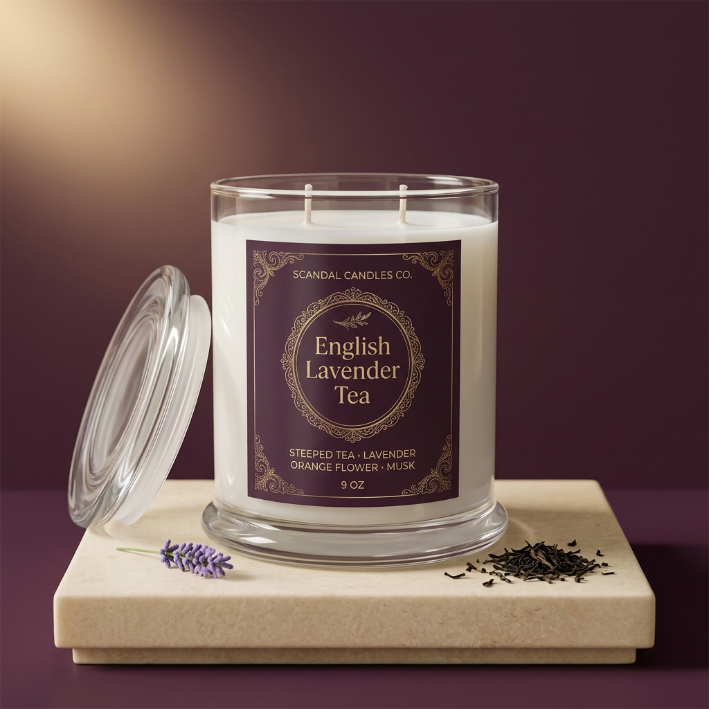 English Lavender Tea clear glass candle in a plum and ivory studio setting