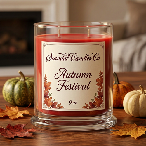 Autumn Festival candle in a clear glass jar surrounded by pumpkins and autumn leaves.