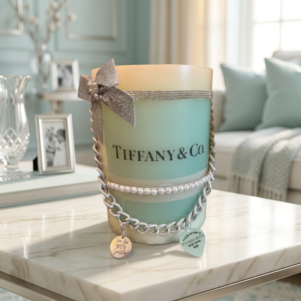 Aqua bow-accented LED candle with pearl trim and silver chain on ivory marble in a living room
