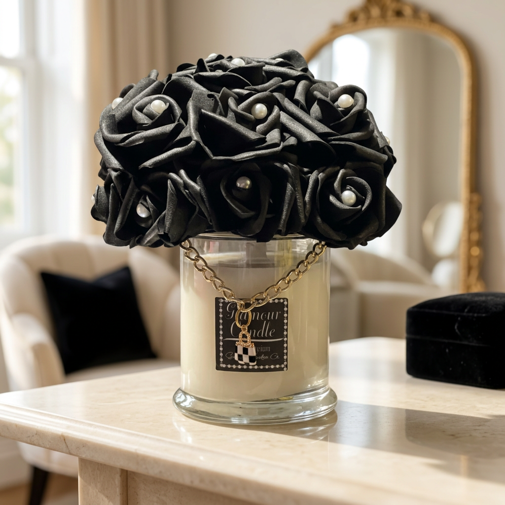 Black Glamour Candle displayed on an elegant cream stone vanity