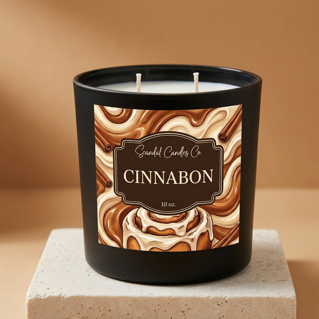 Cinnabon 10 oz candle with cinnamon-swirl label on an ivory studio pedestal