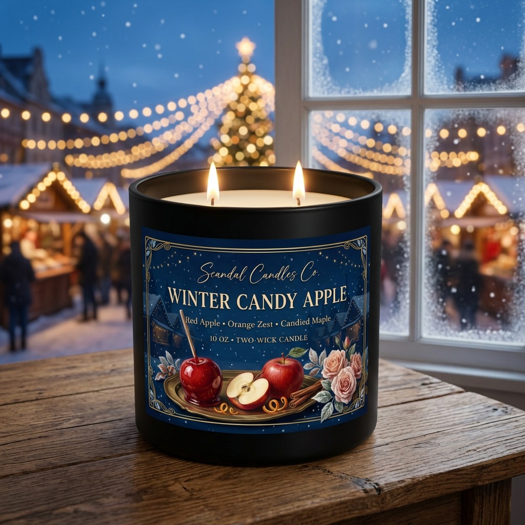 Winter Candy Apple candle beside frosted window overlooking a snowy holiday market, no lid