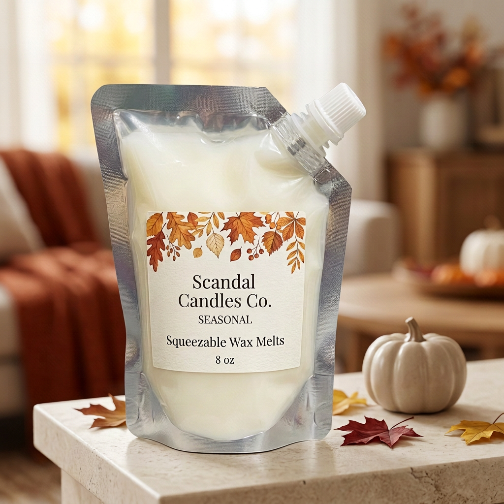 Seasonal squeezable wax melt pouch with ivory orange and gold label in a cozy autumn setting