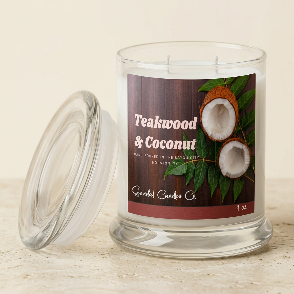 Teakwood & Coconut candle on an ivory studio background