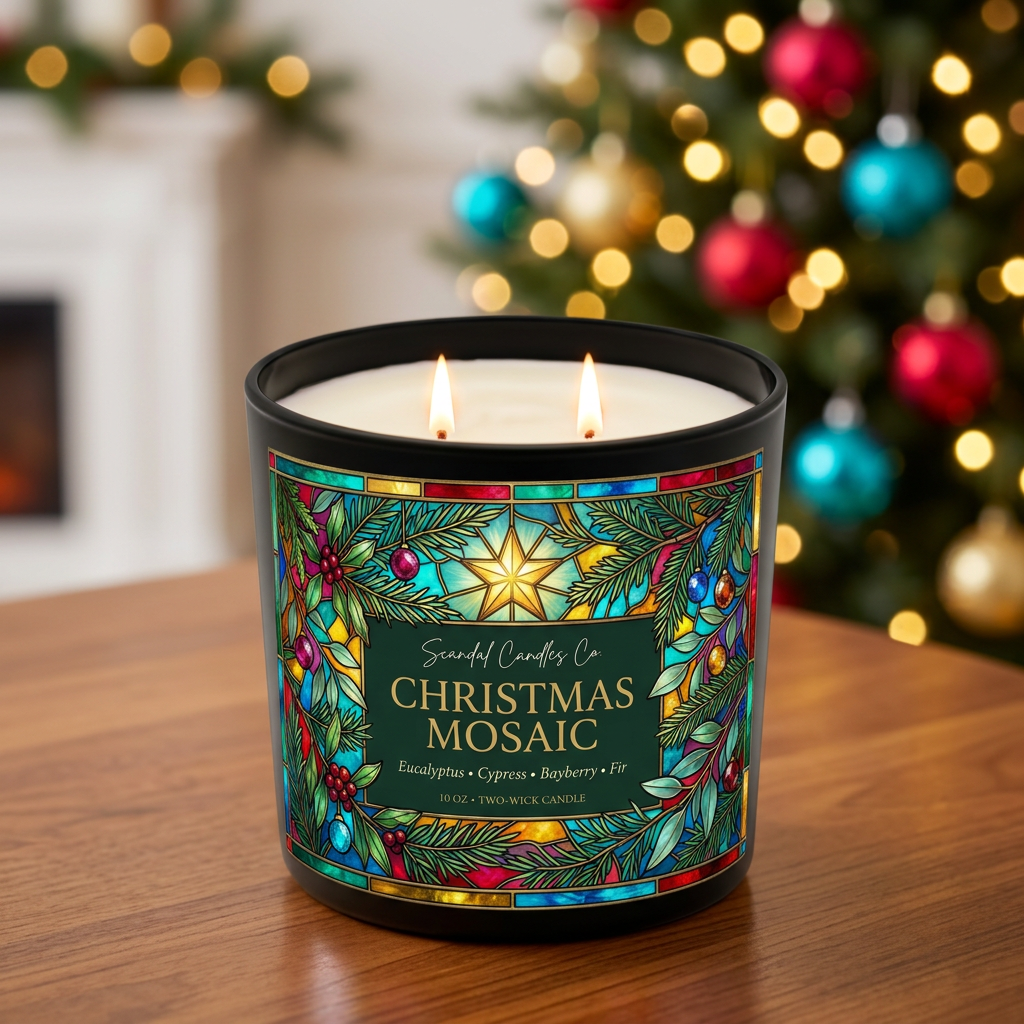 Christmas Mosaic candle burning beside colorful Christmas tree lights