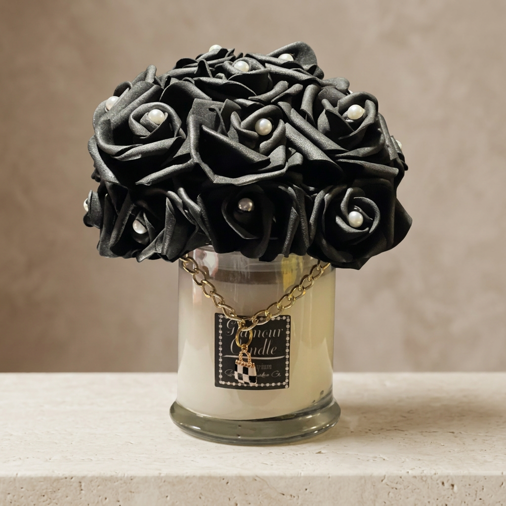 Black Glamour Candle detail showing black rose lid pearl accents gold chain and charm