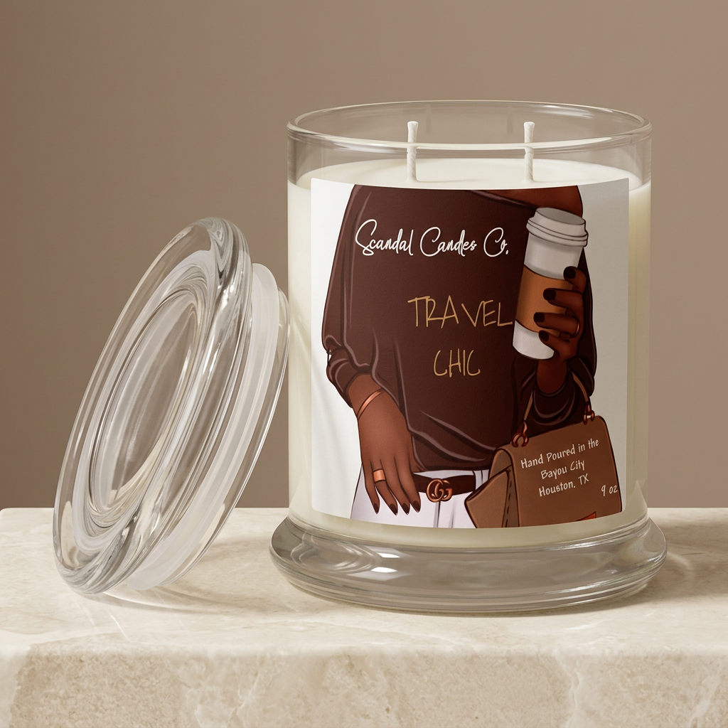 Travel Chic candle with glass lid and two white unlit wicks in an ivory studio setting