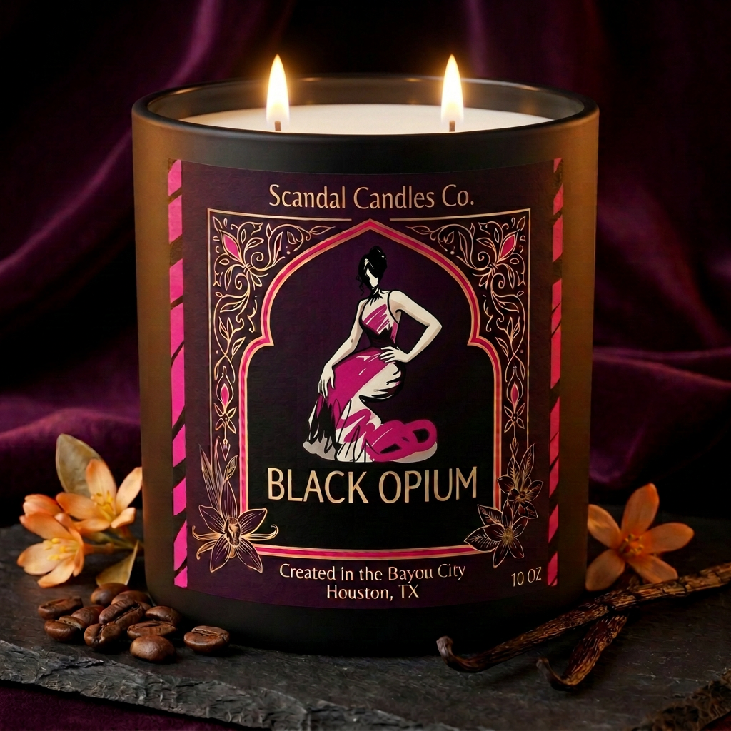 Black Opium 10 oz matte black candle styled with fragrance ingredients and final hand-on-hip label illustration