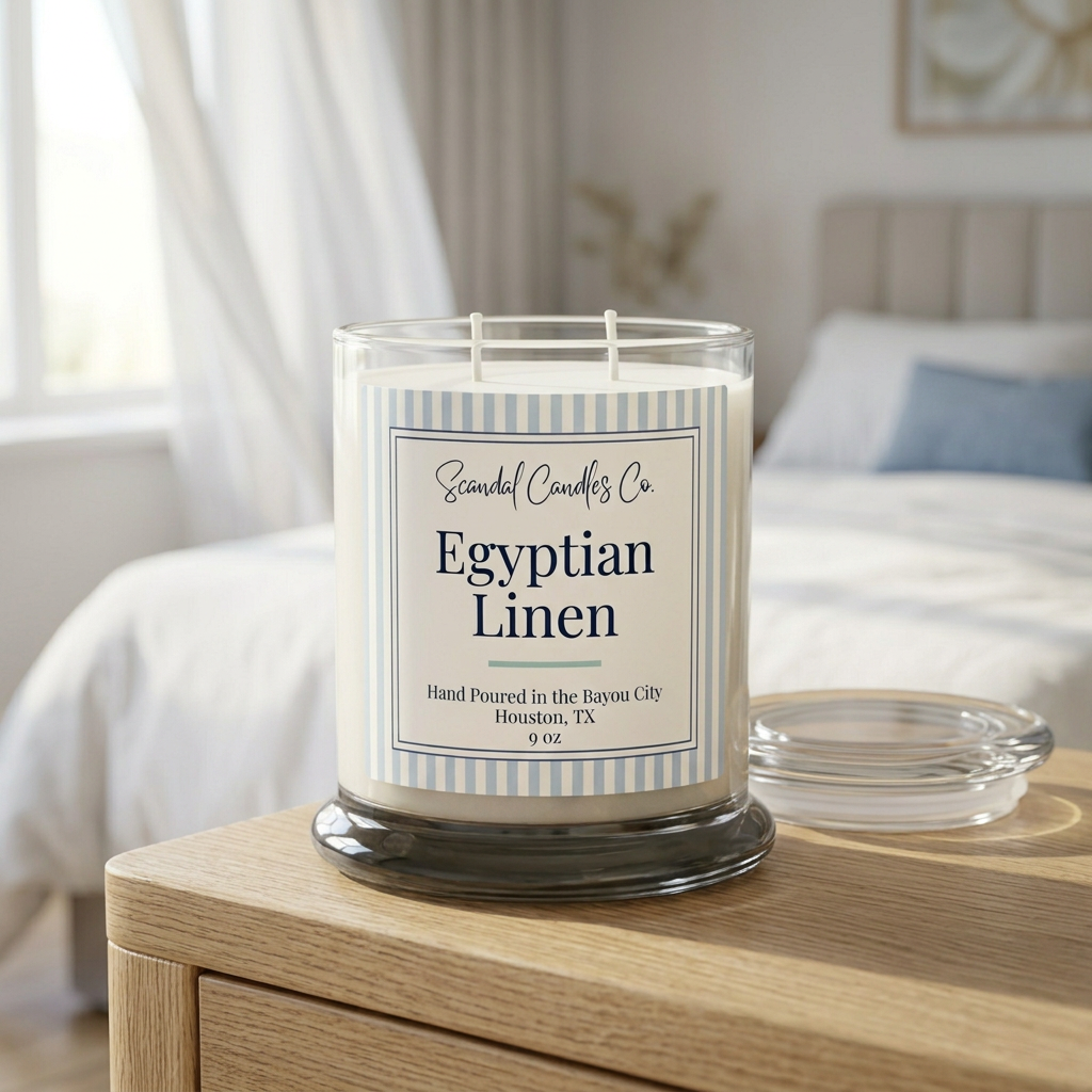 Egyptian Linen candle with striped spa label in a sunlit bedroom