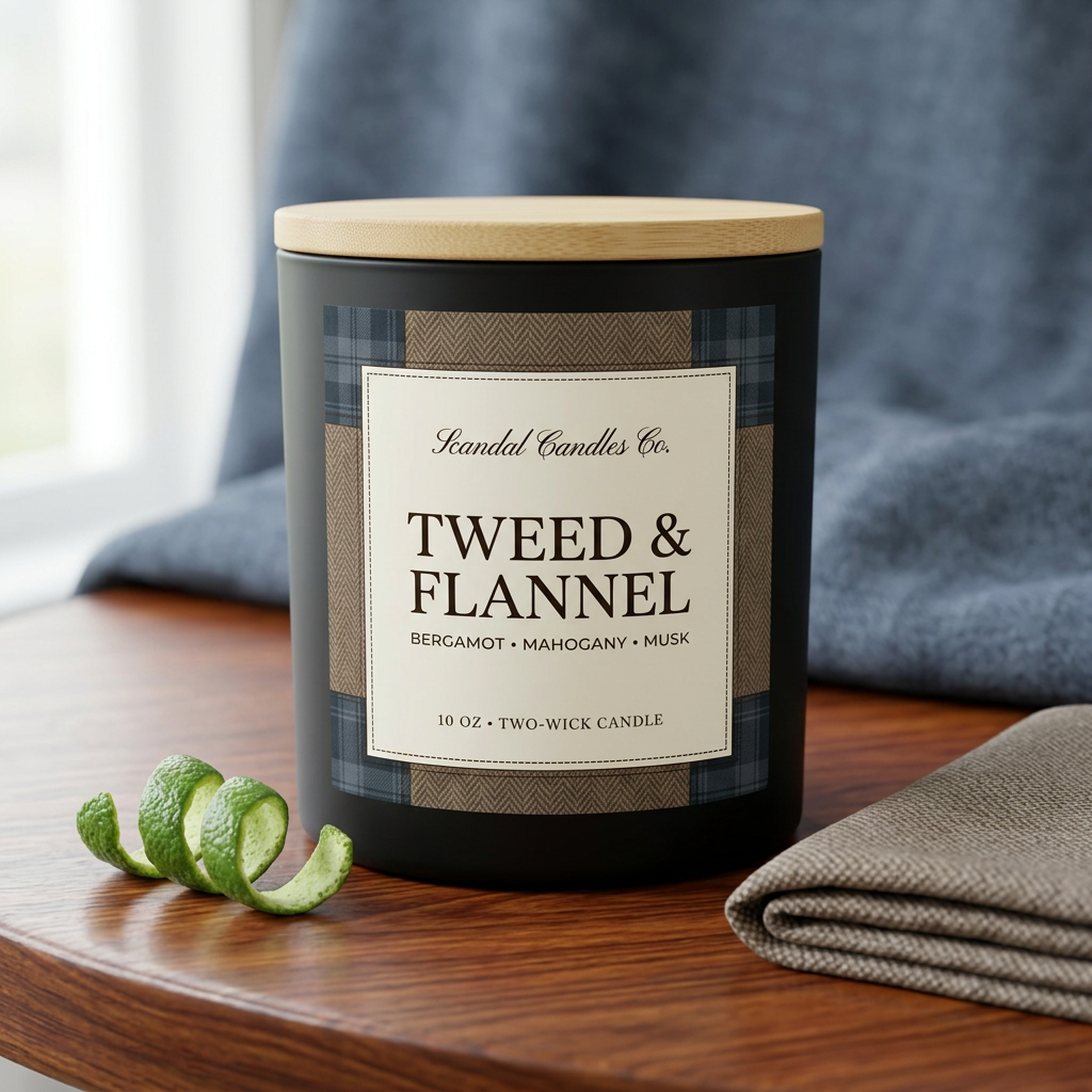 Angled view of Tweed & Flannel matte-black candle with wooden lid beside bergamot peel and folded tweed.