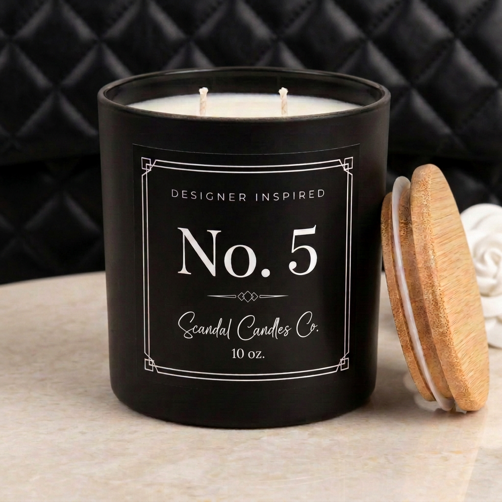 No. 5 candle with Scandal Candles Co. black and white 10 oz label with camellia and quilted black background