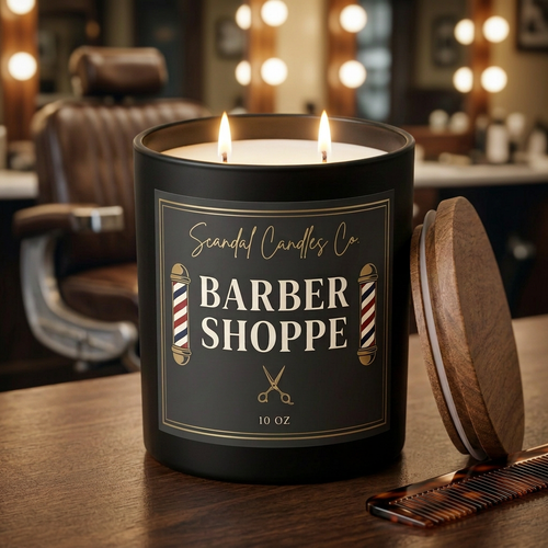 Lit Barber Shoppe candle in a warm traditional barbershop setting