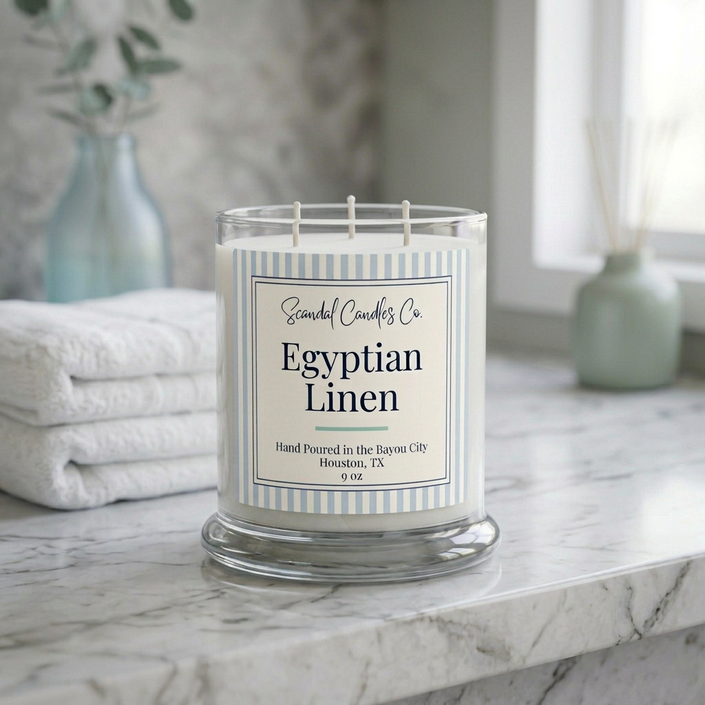 Egyptian Linen candle with blue and white striped spa label beside fresh white towels