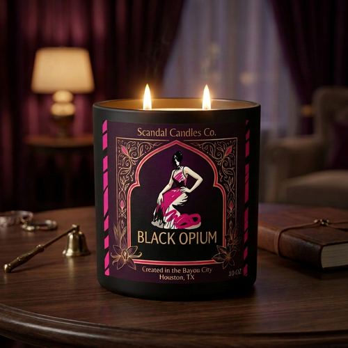 Black Opium matte black candle evening scene with refined woman illustration