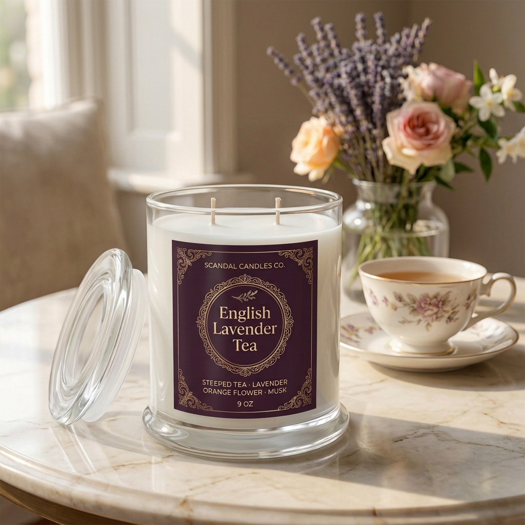 English Lavender Tea clear glass candle on a sunlit tea table